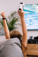 Teenager boy with joystick in his hands rejoices in victory in video game © LunaLu