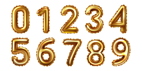 3d realistic golden balloon number set for decoration design. - obrazy, fototapety, plakaty