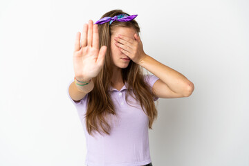 Young caucasian woman over isolated background making stop gesture and covering face