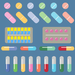 Pills capsules icons vector flat set. Medical vitamin pharmacy vector illustration