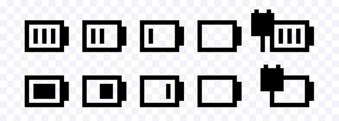 A set of discharged and charged batteries. Laptop, smartphone or pc battery icons. Vector clipart.