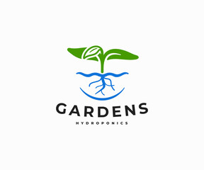 Hydroponics farming system logo design. Organic hydroponics cultivation farm vector design. Modern farming, smart agriculture with growing plants logotype