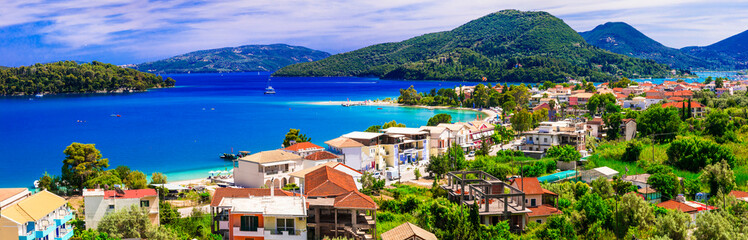 Panoramic view of Nidri bay, beautiful Lefkada island. Beautiful Ionian islands of Greece. Greek summer holidays - obrazy, fototapety, plakaty