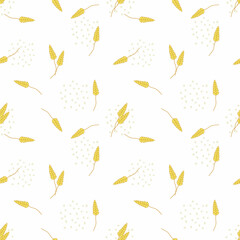 Hand-drawn vector pattern with ears of wheat and abstract elements. Agribusiness and farming wheat harvest background