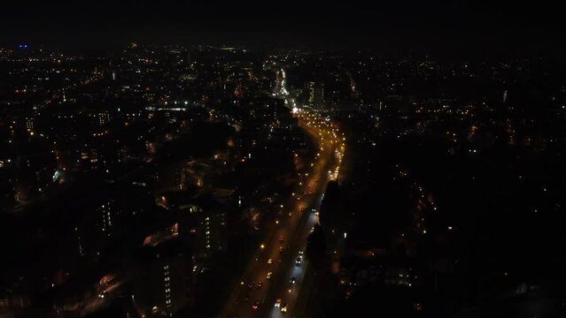 Aerial view of Birmingham UK at night with busy traffic