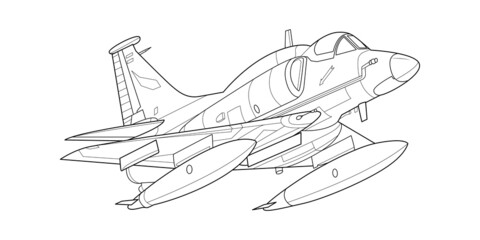 Adult military aircraft coloring page for book and drawing. Airplane. War-plane. Vector illustration. Vehicle. Graphic element. Plane. Black contour sketch illustrate Isolated on white background.