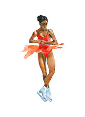 Watercolor woman athlete, figure skating. Hand drawn portrait of young african lady in reddress on ice. Painting sports illustration on white background. - 484724396