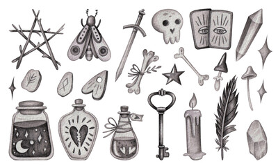 A set with magical attributes and things. Watercolor illustration. Black and white. Witchcraft. Potion. Crystal. Esotericism. Candles. Mysticism. The alchemist. Divination. Design. Art. Key. The moth.