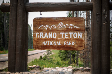 The official entry sign to Grand Teton National Park, Wyoming.