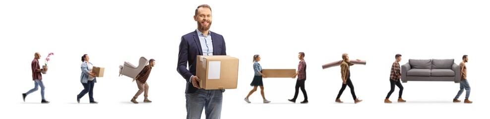 Guy with a box and people moving items in the back