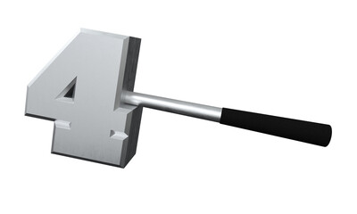 4 3D, Number Four Hammer 3D. Shinny Hammer on white background. 3d illustration. 3d illustration