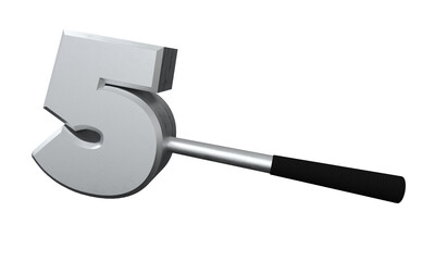 5 3D, Number Five Hammer 3D. Shinny Hammer on white background. 3d illustration. 3d illustration