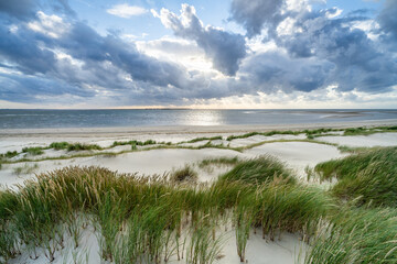 Dune landscape with dramatic storm clouds at sunset