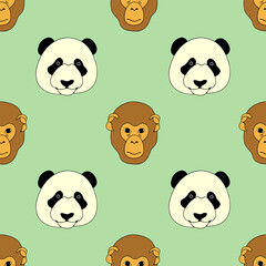 Bright seamless illustration with pandas and monkeys. Vector drawing.
