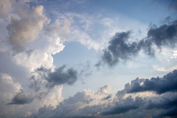 Fototapeta na wymiar Summer landscape sky before rain. Part of cumulus clouds in the sun.