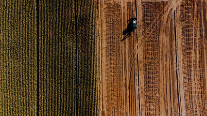 Aerial view of a tractor next to an uncultivated corn field © Cavan