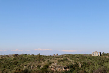 panoramic view to the ruins of the ancient city Aspendos center with agora and basilica