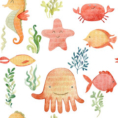 Watercolor pattern with sea creatures.