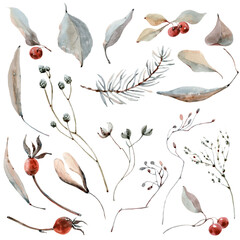 Naklejka premium Watercolor winter clipart with plants and landscapes