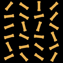 Pattern of bones for dogs, candies and prizes of ocher color on a black background