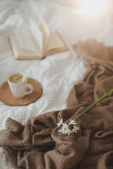 Fototapeta na wymiar Cup of lemon tea, daffodil flower and a book on bed. Breakfast in bed. Morning. Spring. 