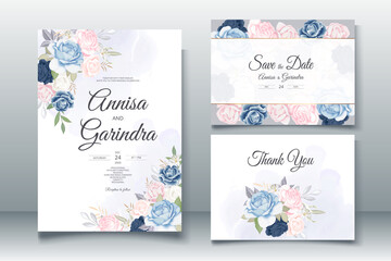 Beautiful blue navy and pink  floral frame wedding invitation card template Premium Vector