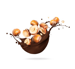Hazelnuts in chocolate splashes close-up isolated on white background