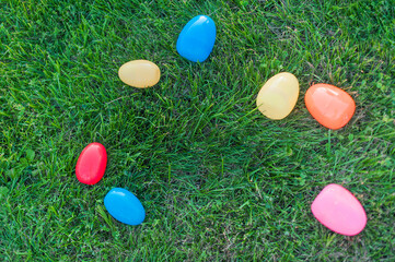 Plastic multi-colored Easter eggs close-up..
