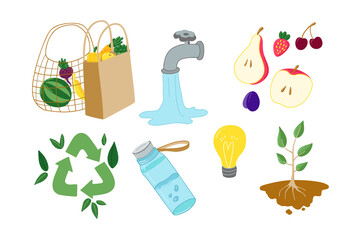 Ecology protection set with vector illustrations. Recycling, saving energy, saving water, using your own bottle and other environmental design elements.