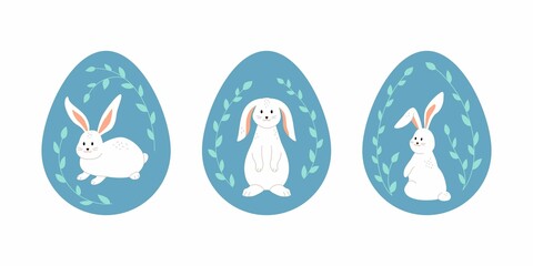 Happy Easter greeting card with cute white bunny and eggs. Rabbit character set with decoration into eggs. Animal wildlife holidays cartoon. Vector.