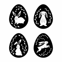Happy Easter greeting card with cute bunny and eggs in black and white color. Rabbit character set with decoration into eggs. Animal wildlife holidays cartoon. Vector.
