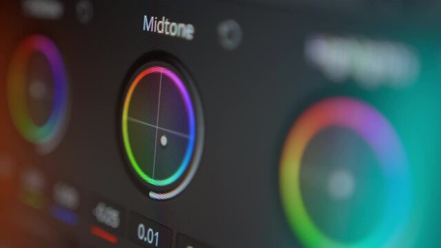 Close-up of color grading. Postproduction of video or photo. Professional photo and video editing software. Working with Color Midtone. DaVinci resolve. HDRI.