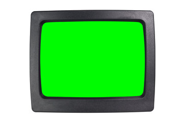 Old CRT computer monitor with green screen isolated on white.