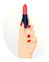 Hand with red manicure holding red lipstick. Makeup. Vector illustration.