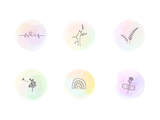 Set of hand drawing watercolor stains with minimalist line drawings. Vector round highlight background covers for popular social media stories.
