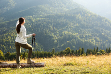 Woman with trekking poles hiking in mountains. Space for text