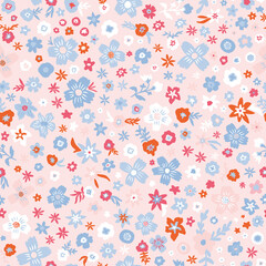 Cute floral minimal seamless repeat pattern. Random placed, little flowers with leaves all over print on beige background.