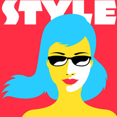 Fashion girl with red lips in sunglasses. Beautiful woman vector illustration. Stylish original graphics art portrait.
