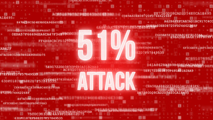 51% attack on blockchain, text on random binary code red screen - computer blockchain technology - 484729168