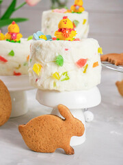 Easter background. Happy Easter eggs in the nest. Easter eggs. Creative Easter. Rabbit. Cookies. copy space