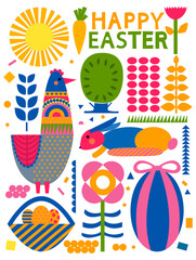 Easter vector illistration with chicken, rabbit cut in paper art style. Silhouette illustration. Vector drawing. Festive illustration. Happy easter banner. Geometric elements. - 484729532