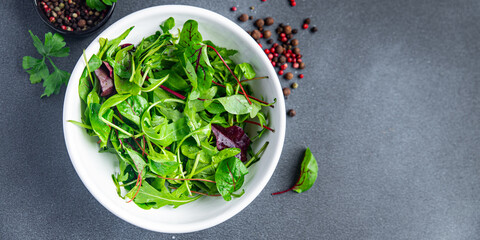 green salad leaves mix arugula, spinach, lettuce, frise, radicchio salad fresh dietary healthy meal diet snack on the table copy space food background 