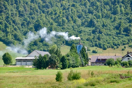 Sawmill, woodshed and wood processing in the mountain village of Mrkopalj in Croatia.Lumber mill in a small town