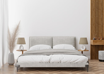 Empty white wall in modern and cozy bedroom. Mock up interior in contemporary style. Free space, copy space for your picture, text, or another design. Bed, lamps, parquet, pampas grass. 3D rendering.