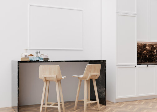 Empty horizontal picture frame on white wall in modern kitchen. Mock up interior in minimalist, contemporary style. Free space, copy space for your picture, poster. Table, chairs. 3D rendering.