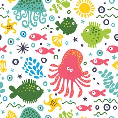 Cute seamless background with fish, octopus, jellyfish, starfish and seaweed.