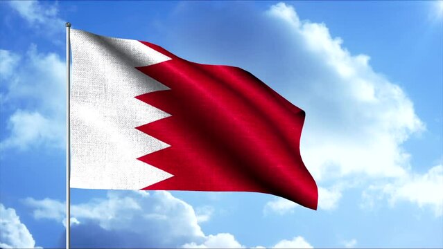 The flag of Bahrain. Motion.A two-tone canvas consisting of red and white colors on a background of clouds.