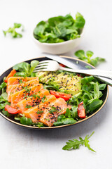 Salmon fish fillet with fresh salad, avocado top view.