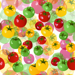 Seamless background. Ripe tomatoes. Vegetables in red, yellow and green colors isolated on white. 