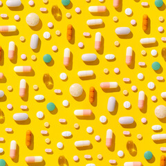 Minimal creative pattern made of pills, drugs and tablets on a modern yellow background. The concept of health and the pharmaceutical industry. Top view. Flat lay.